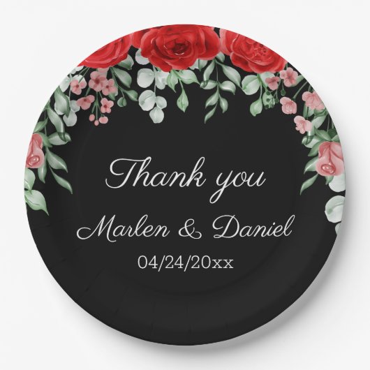 Elegante Schwarz-Rot-Blütenhochzeit Pappteller (Vorderseite)