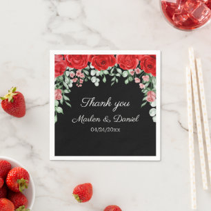 Elegante Schwarz-Rot-Blütenhochzeit Serviette