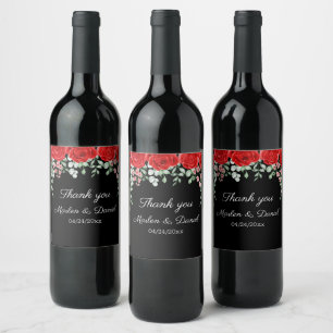 Elegante Schwarz-Rot-Blütenhochzeit Weinetikett