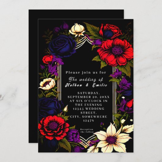 Elegante Schwarz-Rot-Gotische Hochzeit Einladung (Vorne/Hinten)