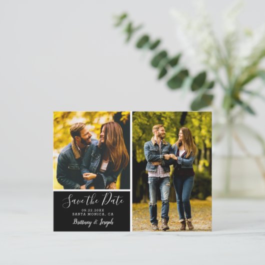 Elegante Schwarz-Save the Date-FotoCollage | Postkarte (Stehend Vorderseite)