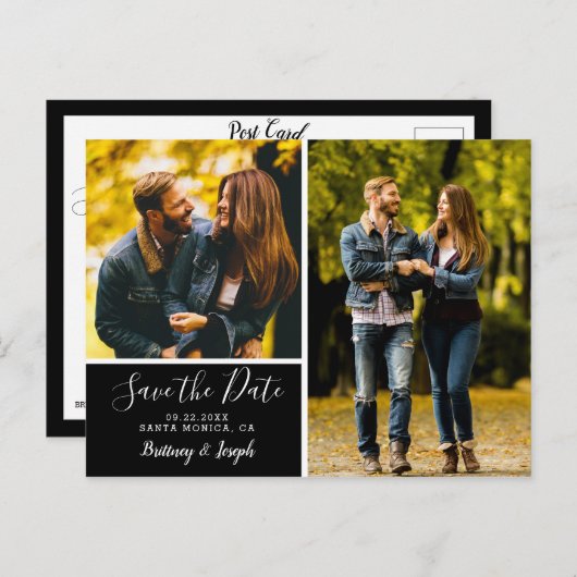 Elegante Schwarz-Save the Date-FotoCollage | Postkarte (Vorne/Hinten)