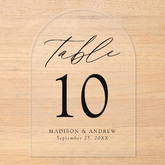 Elegante Schwarz-Script-Acrylic-Arch-Tischnummer Acryleinladungen (Vorderseite)