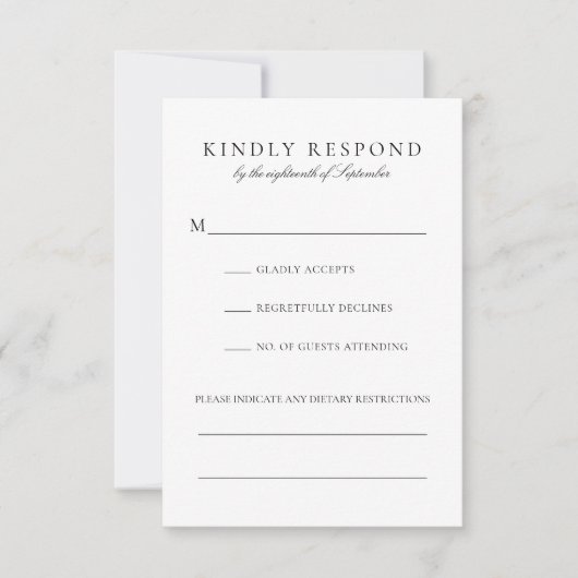 Elegante Schwarz-Script-Diätbeschränkungen Hochzei RSVP Karte (Vorderseite)