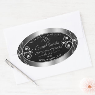 Elegante Schwarz-Silber-Dekor-Produktetiketten Dia Ovaler Aufkleber