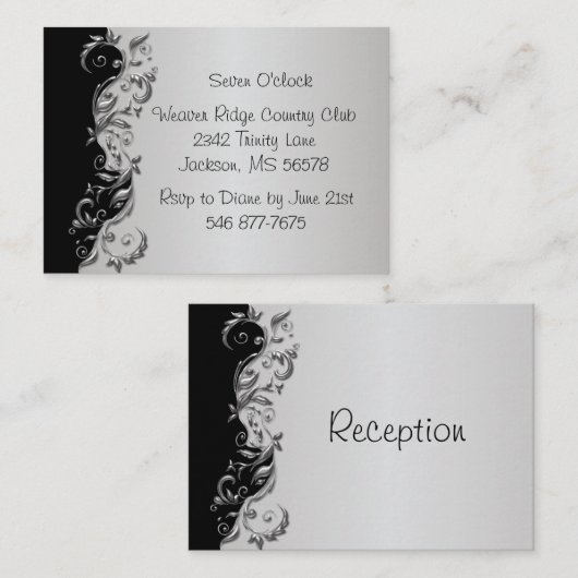 Elegante Schwarz-Silber-Flora-Hochzeitsempfang Begleitkarte (Vorne/Hinten)