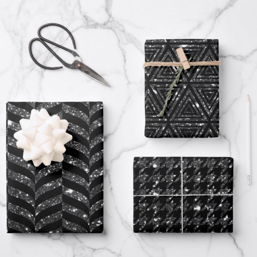 Elegante Schwarz-Silber-Glitzer-Muster Geschenkpapier Set (Vorderseite)