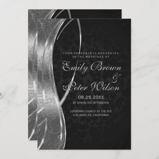 Elegante Schwarz-Silber-Grau-Damaskus-Hochzeit Einladung (Vorne/Hinten)
