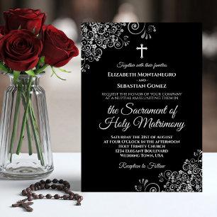 Elegante Schwarz & Silber Moderne katholische Hoch Einladung