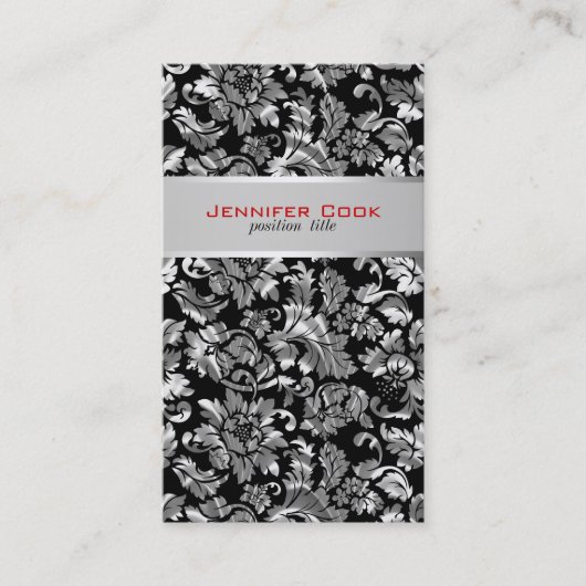 Elegante schwarz-silbergraue Damaskus-Blütenmasken Visitenkarte (Vorderseite)