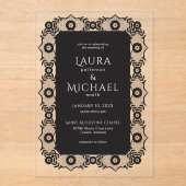 Elegante Schwarz-Spitzen-Akryllische Hochzeitseinl Acryleinladungen (Vorderseite)