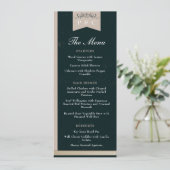 Elegante Schwarz-Tan-Bibliothek Buchdecke Hochzeit Menükarte (Stehend Vorderseite)