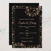 Elegante Schwarz-Tee-Rosa-Blumenhochzeit Einladung (Vorne/Hinten)
