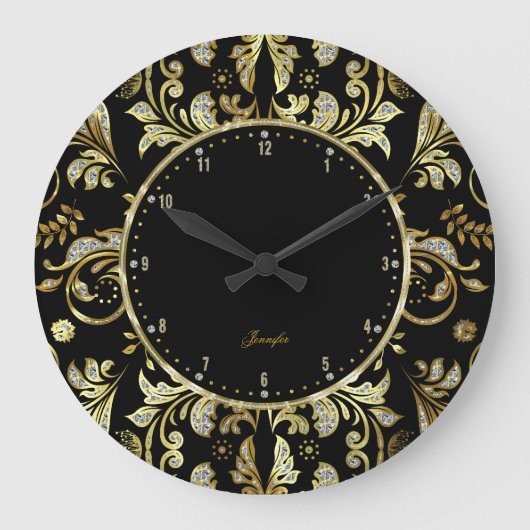 Elegante Schwarz-u. GoldGlitzer-Blumendamaste 2 Große Wanduhr (Vorderseite)