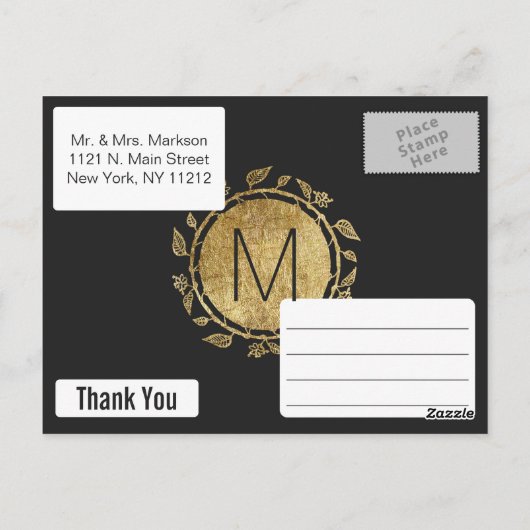 Elegante Schwarz und Gelb Gold Floral Vielen Dank Postkarte (Rückseite)