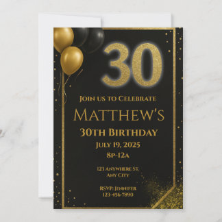 Elegante Schwarz und Gold 30. Geburtstag Einladung