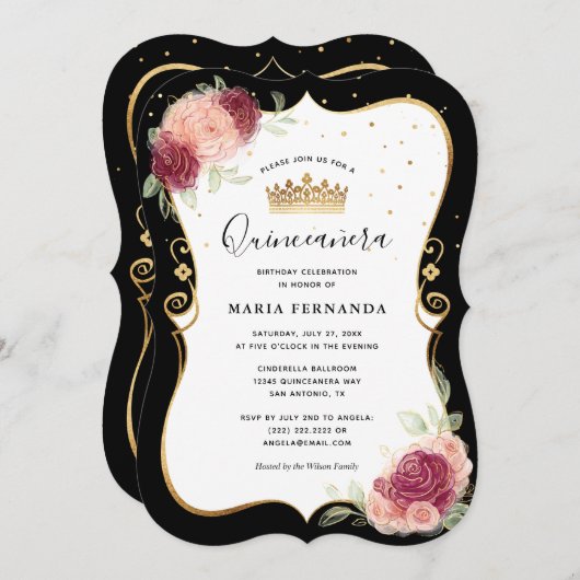 Elegante Schwarz und Gold Rosa Blumenschlucht Einladung (Vorne/Hinten)