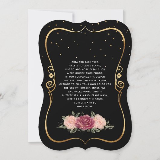 Elegante Schwarz und Gold Rosa Blumenschlucht Einladung (Rückseite)