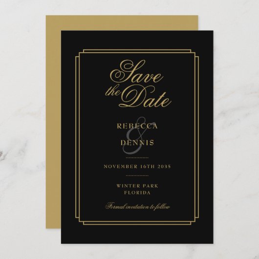 Elegante Schwarz und Gold Script Kunst, Dichtung u Save The Date (Vorne/Hinten)