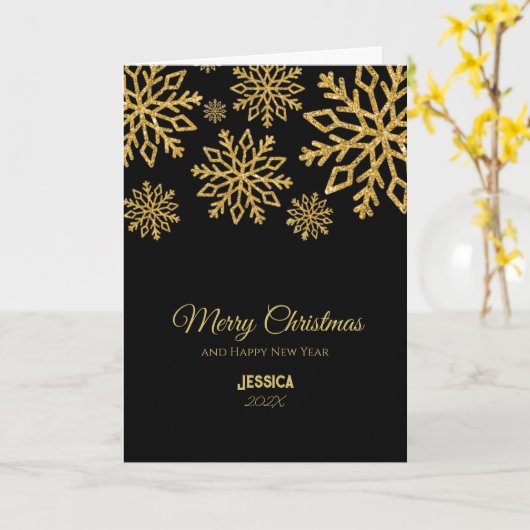 Elegante Schwarz und Gold Snowflakes Weihnachtsnam Karte (Gelbe Blume)