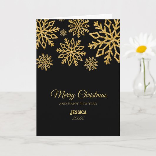 Elegante Schwarz und Gold Snowflakes Weihnachtsnam Karte (Kleine Pflanze)