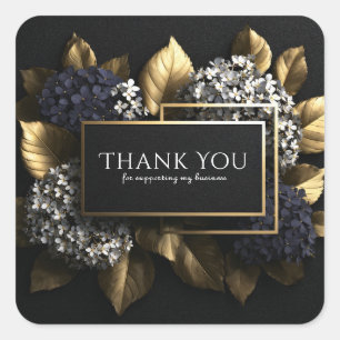 Elegante Schwarz und Goldblatt Blaue Hortensie Lux Quadratischer Aufkleber