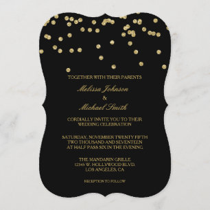 Elegante Schwarz-und GoldTupfenconfetti-Hochzeit Einladung