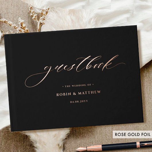 Elegante Schwarz und Real Foil Calligrafy Wedding Gästebuch