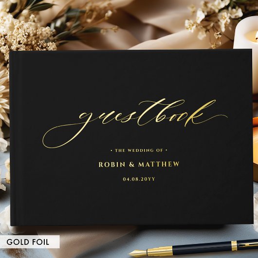 Elegante Schwarz und Real Foil Calligrafy Wedding Gästebuch