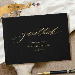 Elegante Schwarz und Real Foil Calligrafy Wedding Gästebuch