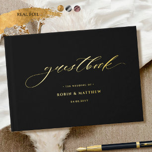Elegante Schwarz und Real Foil Calligrafy Wedding Gästebuch
