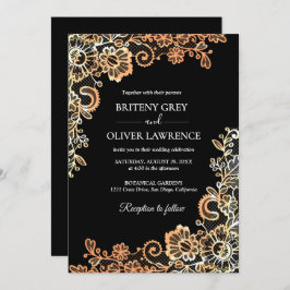 Elegante Schwarz und Rose Gold Blumenstrauß Hochze Einladung