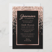 Elegante Schwarz und Rose Gold Confetti Quinceañer Einladung (Vorderseite)
