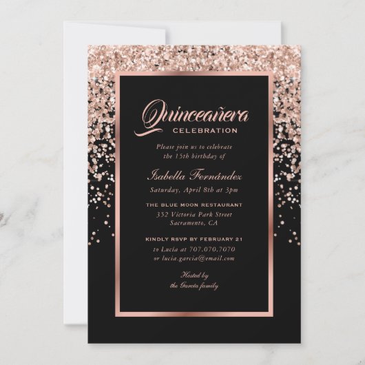 Elegante Schwarz und Rose Gold Confetti Quinceañer Einladung (Vorderseite)