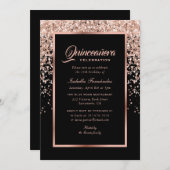 Elegante Schwarz und Rose Gold Confetti Quinceañer Einladung (Vorne/Hinten)