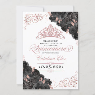 Elegante Schwarz und Rose Gold Floral Quinceanera Einladung