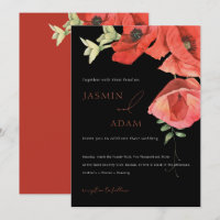 Elegante Schwarz und Rot Poppies Hochzeit Einladun