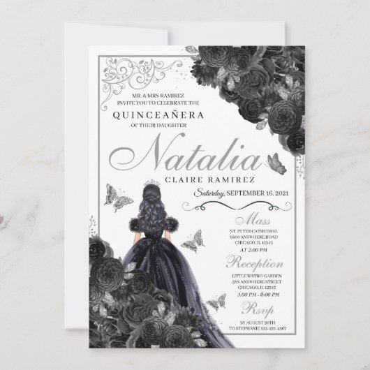 Elegante Schwarz und Silver Floral Quinceanera Einladung (Vorderseite)
