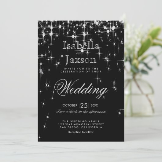 Elegante Schwarz und Silver Starlights Hochzeit Einladung (Stehend Vorderseite)