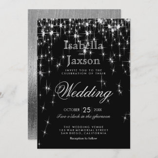 Elegante Schwarz und Silver Starlights Hochzeit Einladung