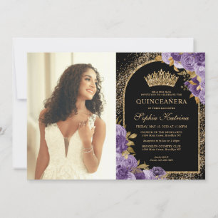 Elegante Schwarz Violett Gold Blumen-Foto Quincean Einladung