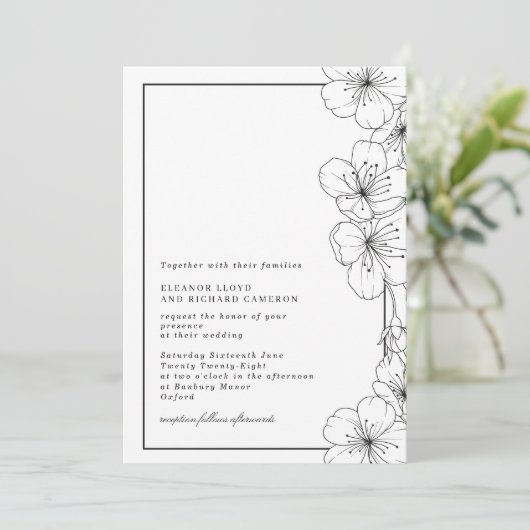 Elegante Schwarz-Weiß-Blossom Blumenhochzeit Einladung (Stehend Vorderseite)