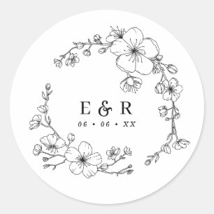 Elegante Schwarz-Weiß-Blossom-Monogramm-Hochzeit Runder Aufkleber