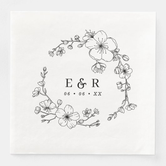Elegante Schwarz-Weiß-Blossom-Monogramm-Hochzeit Serviette (Vorderseite)