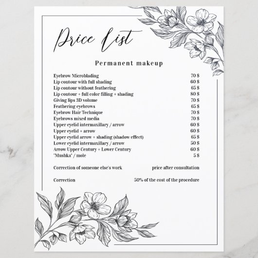 Elegante Schwarz-Weiß-Blume Schönheitspreisliste (Vorderseite)