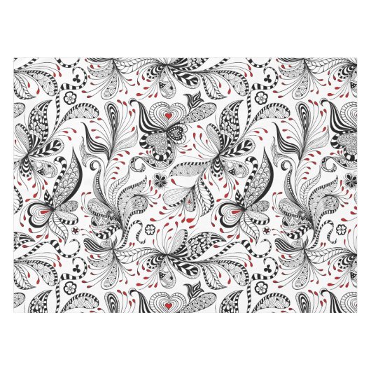 Elegante Schwarz-Weiß-Blume und Herz Tischdecke (Vorderseite (Horizontal))