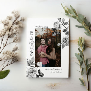 Elegante Schwarz-Weiß-Blumen-Foto-Save The Date Save The Date