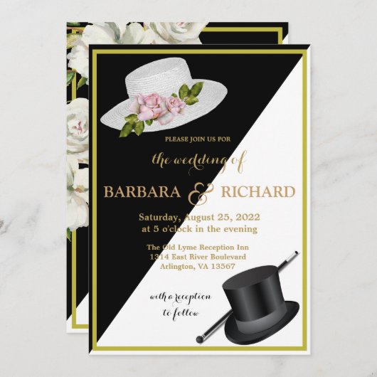 Elegante Schwarz-Weiß-Blumen-Hochzeit Ankündigung (Vorne/Hinten)