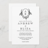 Elegante Schwarz-Weiß-Blumen-Monogramm-Hochzeit Einladung (Vorne/Hinten)