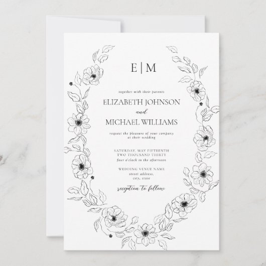 Elegante Schwarz-Weiß-Blumen-Monogramm-Hochzeit Einladung (Vorderseite)